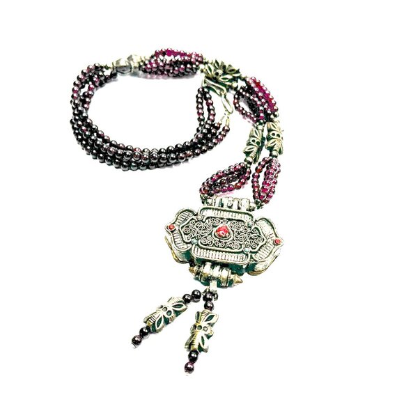 28" Vintage Tibetan Garnet Prayer Box Necklace—Gilt Gau with Multi-Strand Beads - Picture 3 of 14